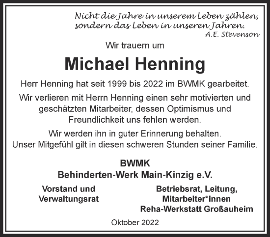 Traueranzeige von Michael Henning von Mittelhessen-Bote