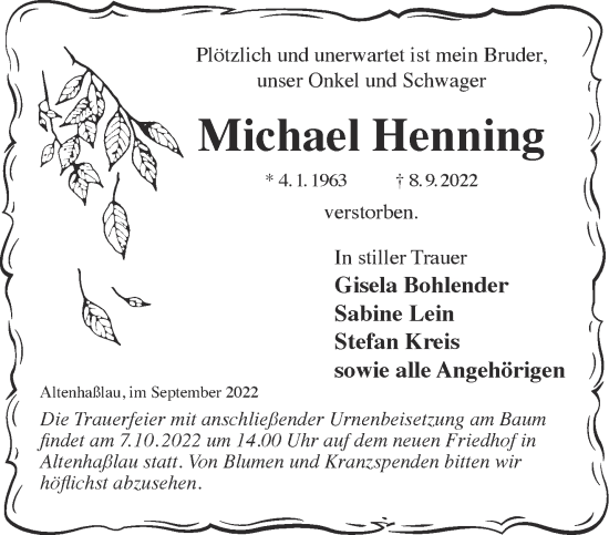 Traueranzeige von Michael Henning von Gelnhäuser Neue Zeitung