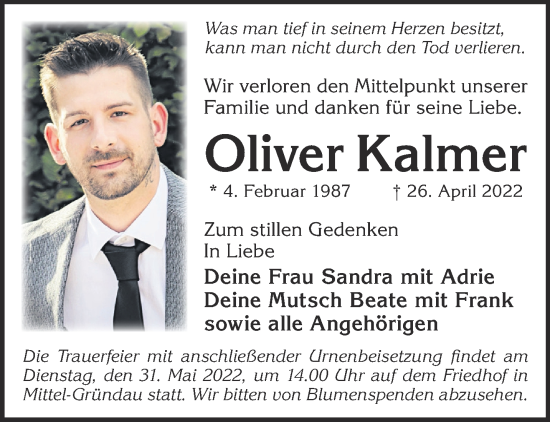 Traueranzeige von Oliver Kalmer von Gelnhäuser Neue Zeitung