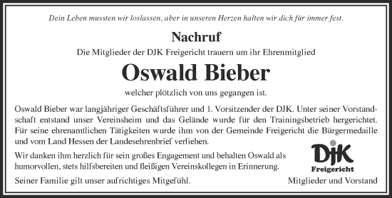 Traueranzeige von Oswald Bieber von Gelnhäuser Neue Zeitung