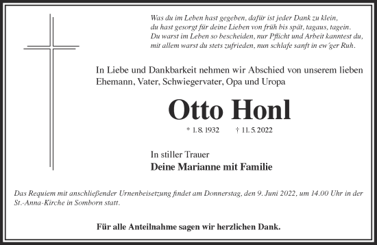 Traueranzeige von Otto Honl von Gelnhäuser Neue Zeitung