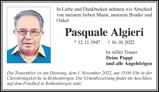 Traueranzeige von Pasquale Algieri von Gelnhäuser Neue Zeitung