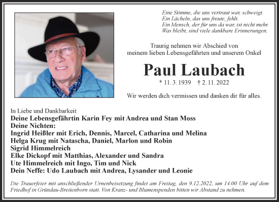 Traueranzeige von Paul Laubach von Gelnhäuser Neue Zeitung