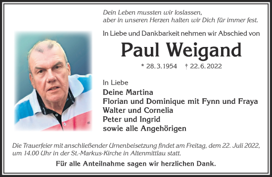 Traueranzeige von Paul Weigand von Gelnhäuser Neue Zeitung