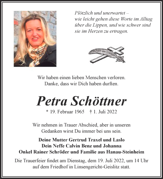 Traueranzeige von Petra Schöttner von Gelnhäuser Neue Zeitung