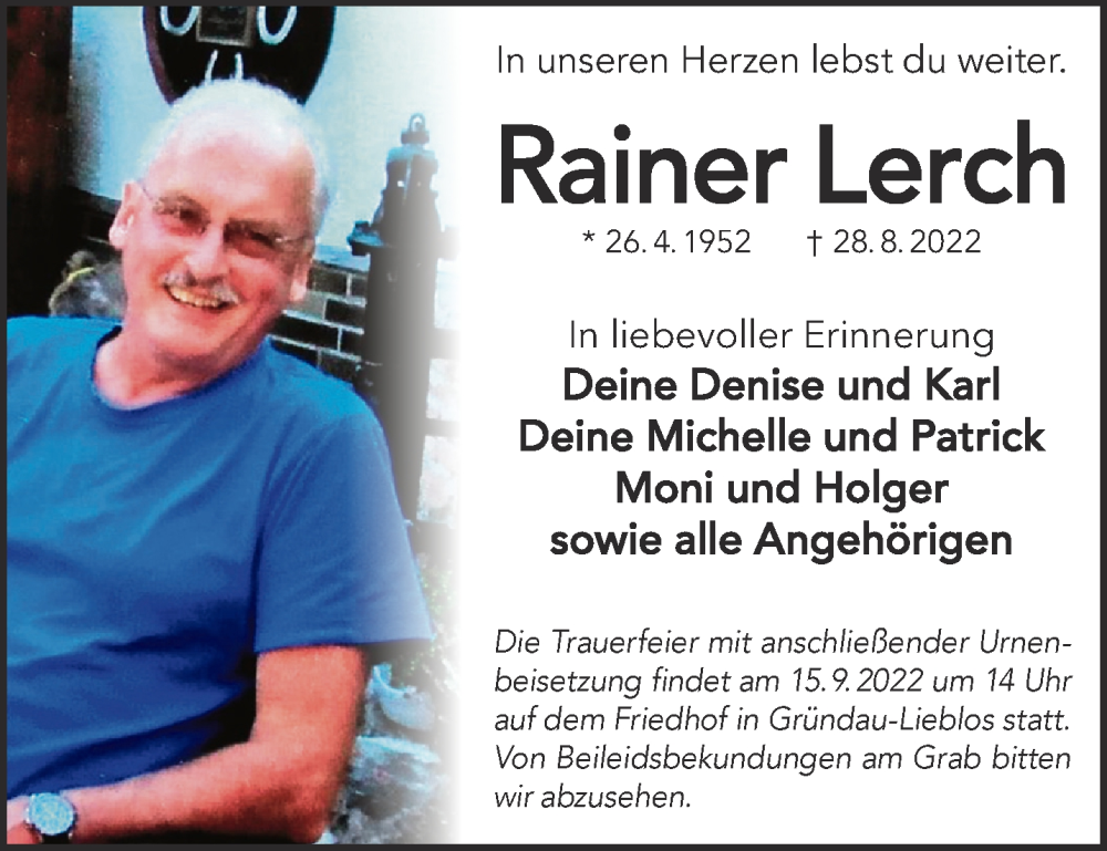  Traueranzeige für Rainer Lerch vom 02.09.2022 aus Gelnhäuser Neue Zeitung