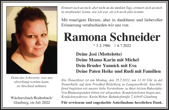 Traueranzeige von Ramona Schneider von Gelnhäuser Neue Zeitung