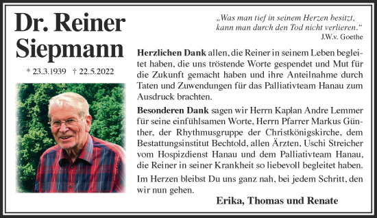 Traueranzeige von Reiner Siepmann von Gelnhäuser Neue Zeitung