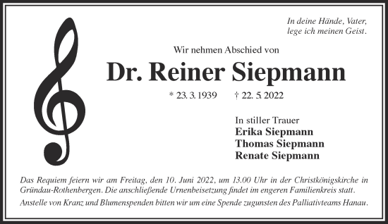 Traueranzeige von Reiner Siepmann von Gelnhäuser Neue Zeitung