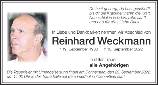 Traueranzeige von Reinhard Weckmann von Gelnhäuser Neue Zeitung