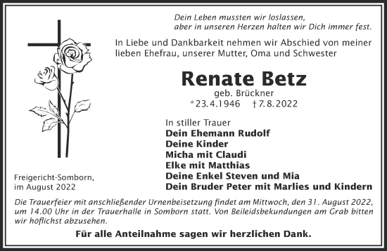 Traueranzeige von Renate Betz von Gelnhäuser Neue Zeitung