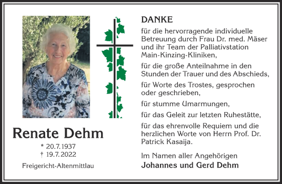 Traueranzeige von Renate Dehm von Gelnhäuser Neue Zeitung