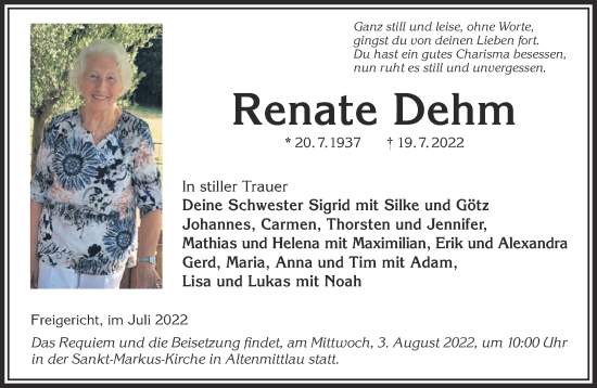 Traueranzeige von Renate Dehm von Gelnhäuser Neue Zeitung