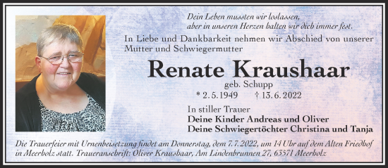 Traueranzeige von Renate Kraushaar von Gelnhäuser Neue Zeitung