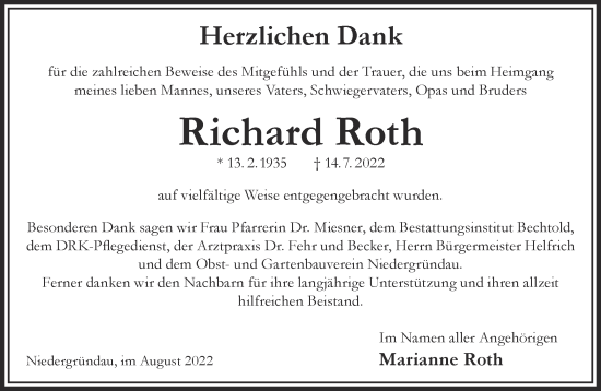 Traueranzeige von Richard Roth von Gelnhäuser Neue Zeitung