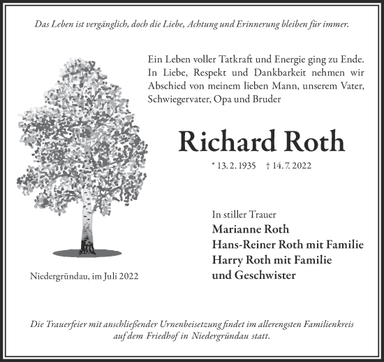 Traueranzeige von Richard Roth von Gelnhäuser Neue Zeitung