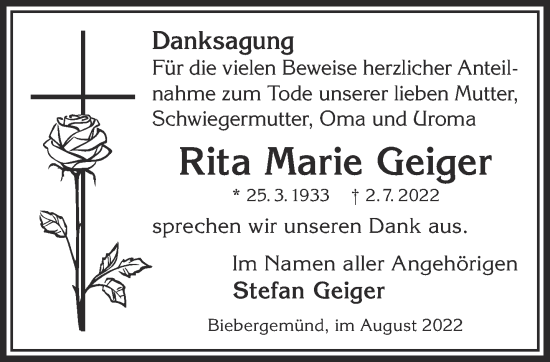 Traueranzeige von Rita Marie Geiger von Gelnhäuser Neue Zeitung