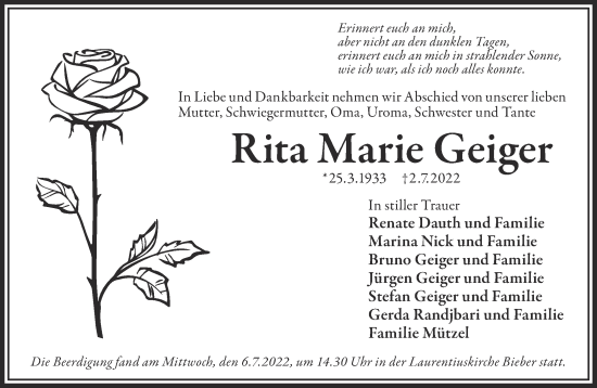 Traueranzeige von Rita Marie Geiger von Mittelhessen-Bote