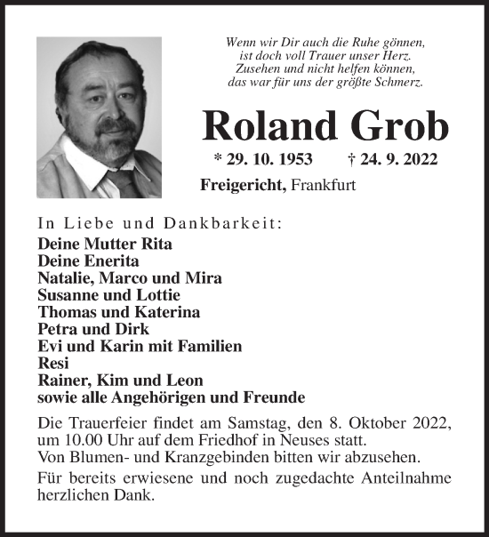 Traueranzeige von Roland Grob von Gelnhäuser Neue Zeitung