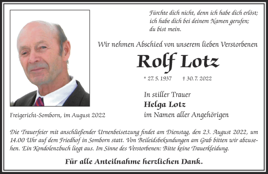 Traueranzeige von Rolf Lotz von Mittelhessen-Bote