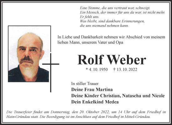 Traueranzeige von Rolf Weber von Gelnhäuser Neue Zeitung