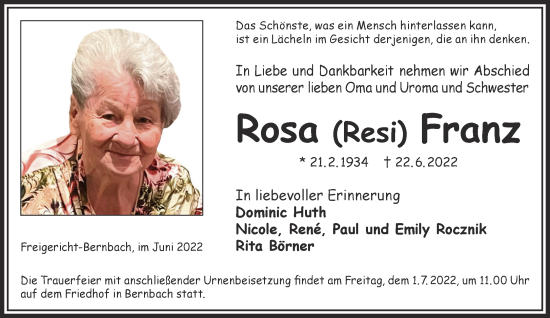 Traueranzeige von Rosa Franz von Gelnhäuser Neue Zeitung