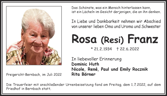 Traueranzeige von Rosa Franz von Mittelhessen-Bote