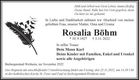 Traueranzeige von Rosalia Böhm von Gelnhäuser Neue Zeitung