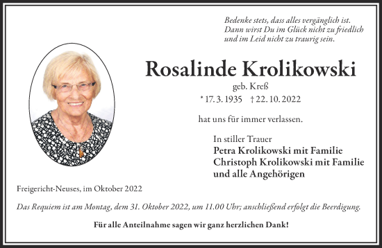 Traueranzeige von Rosalinde Krolikowski von Gelnhäuser Neue Zeitung