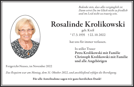 Traueranzeige von Rosalinde Krolikowski von Mittelhessen-Bote