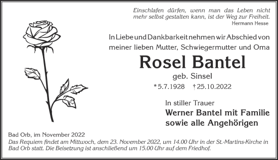 Traueranzeige von Rosel Bantel von Gelnhäuser Neue Zeitung