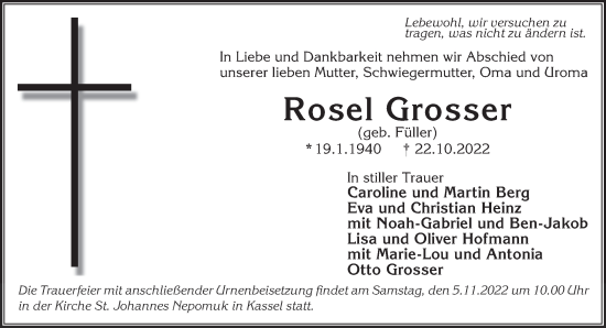 Traueranzeige von Rosel Grosser von Mittelhessen-Bote