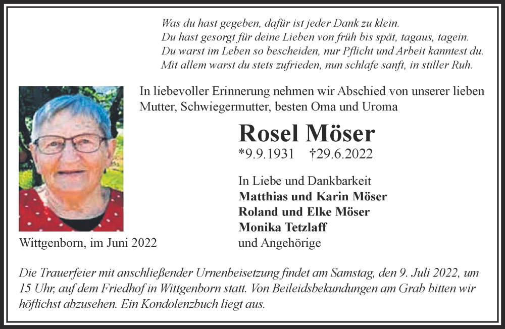 Traueranzeigen von Rosel Möser | trauer.gnz.de