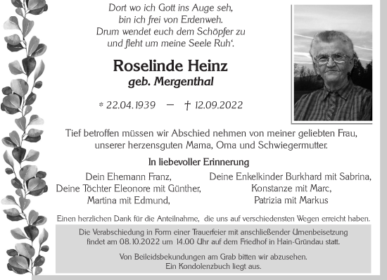 Traueranzeige von Roselinde Heinz von Gelnhäuser Neue Zeitung