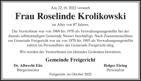 Traueranzeige von Roselinde Krolikowski von Gelnhäuser Neue Zeitung