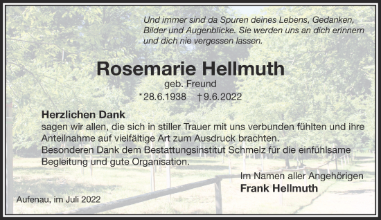 Traueranzeige von Rosemarie Hellmuth von Gelnhäuser Neue Zeitung