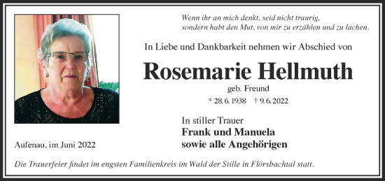 Traueranzeige von Rosemarie Hellmuth von Gelnhäuser Neue Zeitung