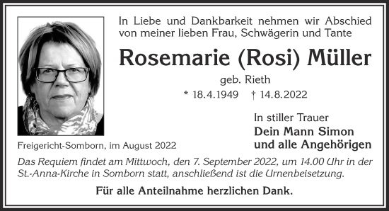 Traueranzeige von Rosemarie Müller von Gelnhäuser Neue Zeitung