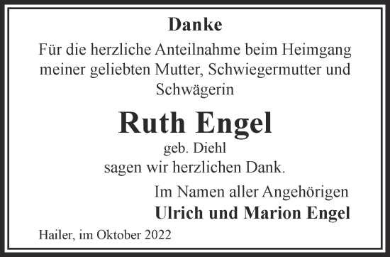 Traueranzeige von Ruth Engel von Mittelhessen-Bote