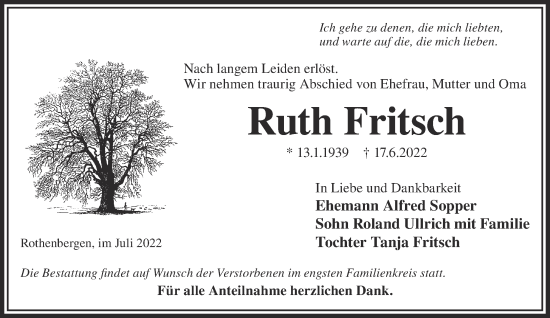 Traueranzeige von Ruth Fritsch von Gelnhäuser Neue Zeitung