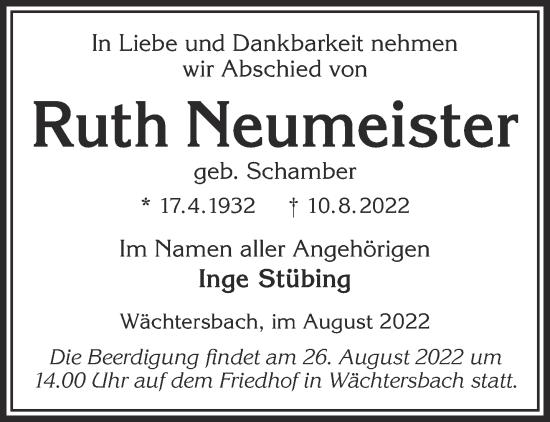 Traueranzeige von Ruth Neumeister von Gelnhäuser Neue Zeitung