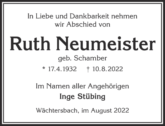 Traueranzeige von Ruth Neumeister von Mittelhessen-Bote