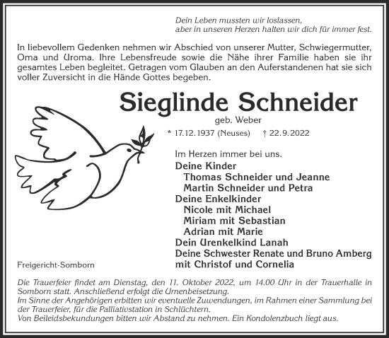 Traueranzeige von Sieglinde Schneider von Gelnhäuser Neue Zeitung