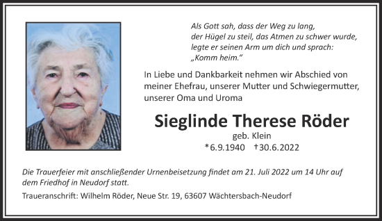 Traueranzeige von Sieglinde Therese Röder von Gelnhäuser Neue Zeitung