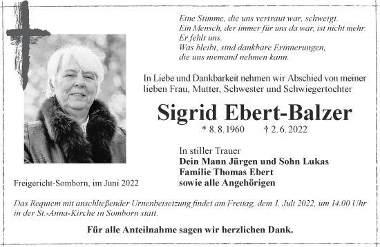 Traueranzeige von Sigrid Ebert-Balzer von Gelnhäuser Neue Zeitung