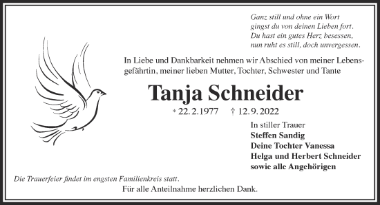 Traueranzeige von Tanja Schneider von Gelnhäuser Neue Zeitung