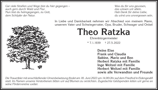 Traueranzeige von Theo Ratzka von Gelnhäuser Neue Zeitung