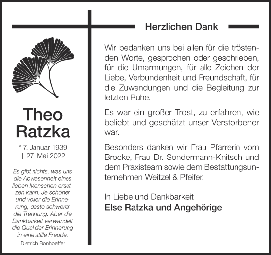 Traueranzeige von Theo Ratzka von Gelnhäuser Neue Zeitung