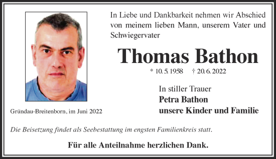 Traueranzeige von Thomas Bathon von Mittelhessen-Bote