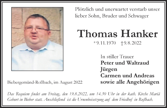 Traueranzeige von Thomas Hanker von Gelnhäuser Neue Zeitung